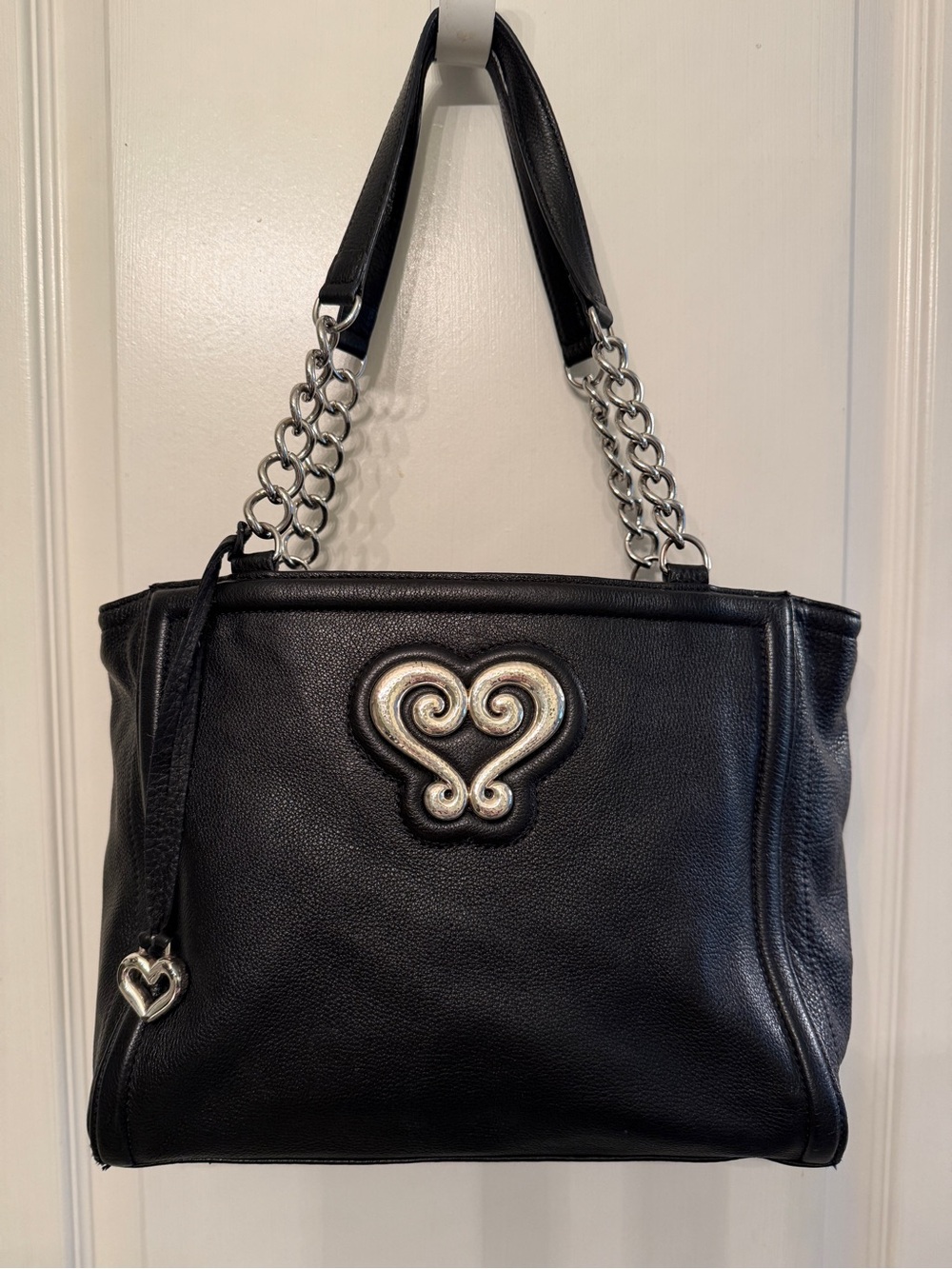 Brighton Black Leather Shoulder Bag with Silver Heart Accent and Chain Straps
